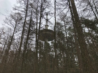 Ein futuristisch gestalteter Turm ragt über den umliegenden Bäumen in einem bewaldeten Gebiet empor.