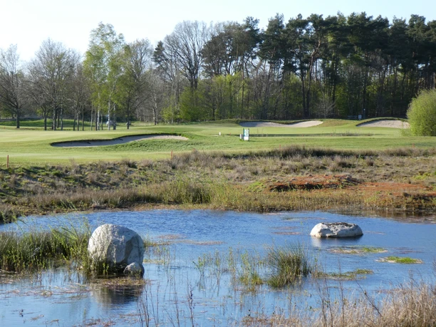 Een golfbaan met gemanicuurde greens en zandbunkers, omringd door bomen en een heldere watervijver.