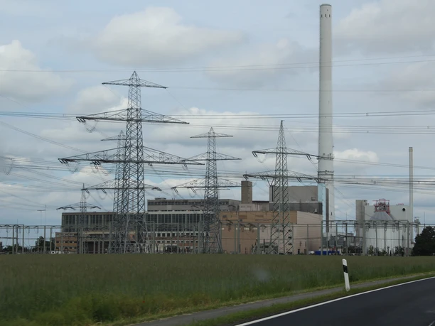 Ein großes Kraftwerk mit hohen Schornsteinen und Strommasten vor bewölktem Himmel und Wiesen.