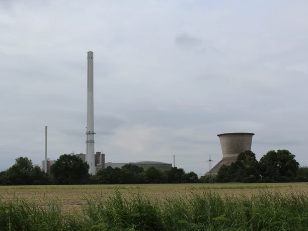 Kraftwerk mit hohem Schornstein und Kühlturm umgeben von grünen Feldern und Bäumen an bewölktem Himmel.