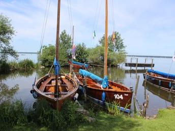 Steinhuder Meer Eine ruhige Szene am Steinhuder Meer mit festgemachten Segelbooten und üppigem Grün im Vordergrund.