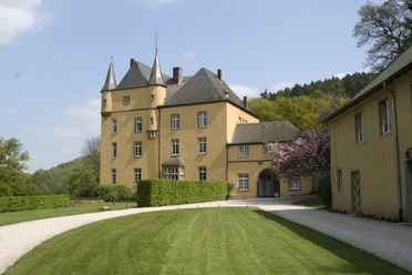 Schloss Strauweiler Gelbes Schloss mit Türmen und Fenstern, umgeben von grünen Rasenflächen und blühenden Bäumen.