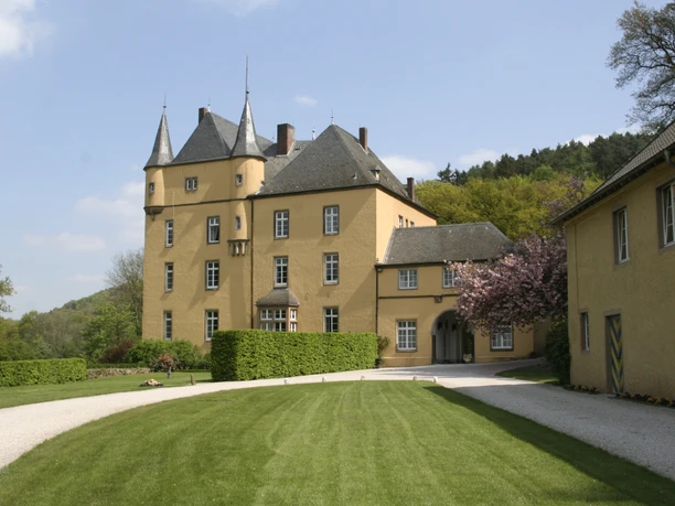 Schloss Strauweiler Gelbes Schloss mit Türmen und Fenstern, umgeben von grünen Rasenflächen und blühenden Bäumen.