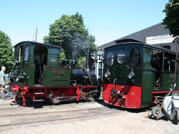 Two historic steam locomotives stand on parallel tracks in front of a railroad museum.