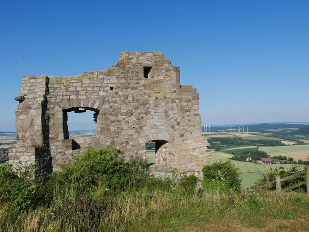 Burgruine Desenberg Steinruine der Burgruine Desenberg mit weitem Blick über Felder und Windräder unter blauem Himmel.