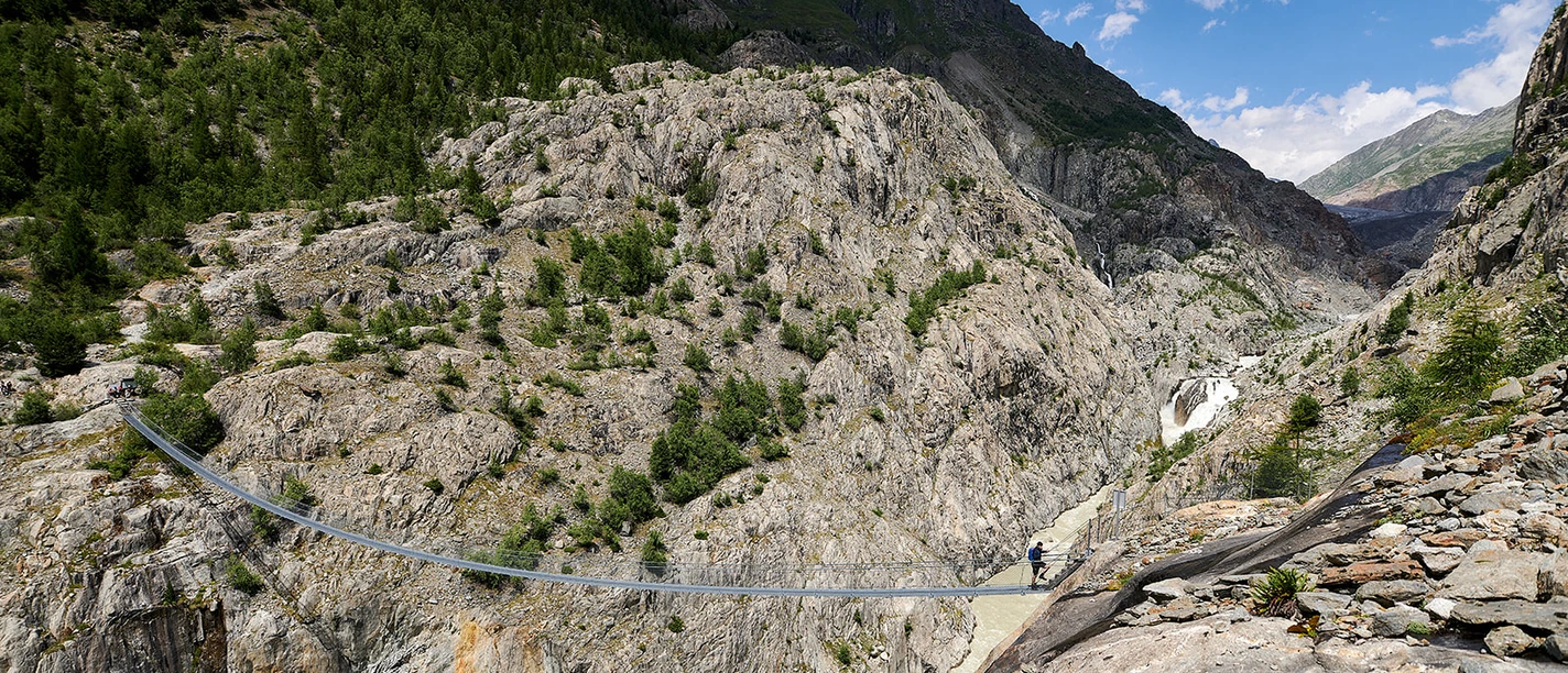 The 124 m long suspension bridge is one of the hiking highlights in the Aletsch region. The 124 m long suspension bridge is one of the hiking highlights in the Aletsch region.