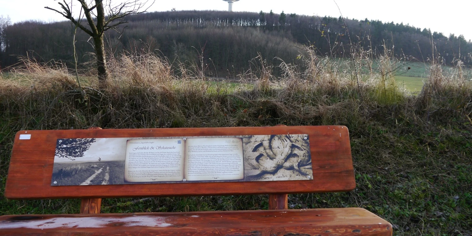 Holzbank im Grünen mit Infotafel, im Hintergrund bewaldeter Hügel und Sendeturm unter bewölktem Himmel.