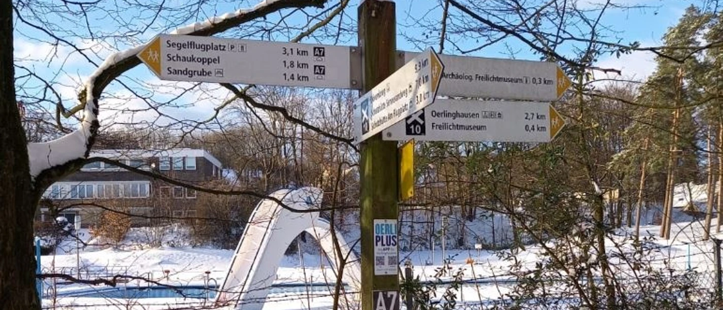 WP Kalkofen_Zielwegweiser Ein verschneiter Waldweg mit Wegweisern in verschiedene Richtungen, umgeben von Bäumen.