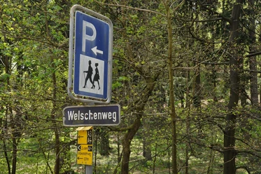 Wanderparkplatz Welschenweg Hinweisschilder kennzeichnen den Wanderparkplatz Welschenweg im Wald, umgeben von Bäumen und Natur.