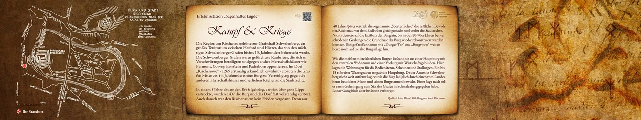 Bankrücken "Kampf & Kriege" Historisches Buch über das Thema "Kampf & Kriege" mit kartografischen Details auf einer Tafel.