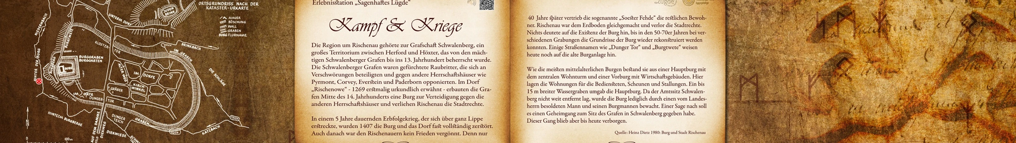 Bankrücken "Kampf & Kriege" Historisches Buch über das Thema "Kampf & Kriege" mit kartografischen Details auf einer Tafel.