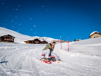 Mit dem Schlitten geht es auf der 9.9km langen Abfahrt von der Belalp nach Blatten. Mit dem Schlitten geht es auf der 9.9km langen Abfahrt von der Belalp nach Blatten.