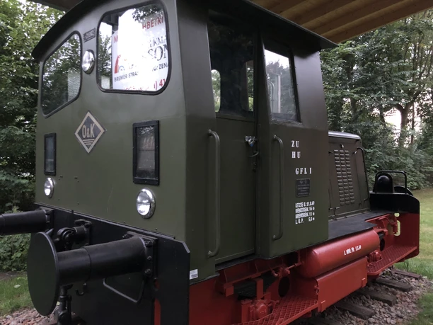 Historic green steam locomotive with red bogies in the middle of trees, under a wooden canopy.