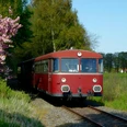 Ein nostalgischer roter Zug fährt durch eine grüne, von Bäumen gesäumte Landschaft unter blauem Himmel.A nostalgic red train travels through a green, tree-lined landscape under a blue sky.Et nostalgisk rødt tog kører gennem et grønt, træbeklædt landskab under en blå himmel.Een nostalgische rode trein rijdt door een groen, boomrijk landschap onder een blauwe hemel.