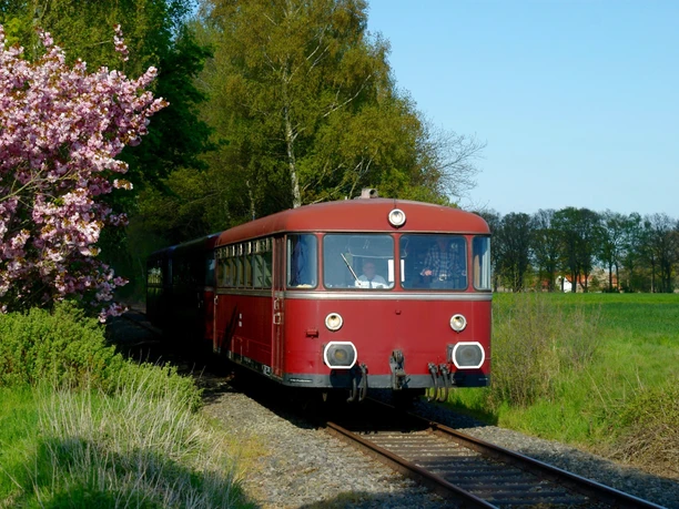 A nostalgic red train travels through a green, tree-lined landscape under a blue sky.