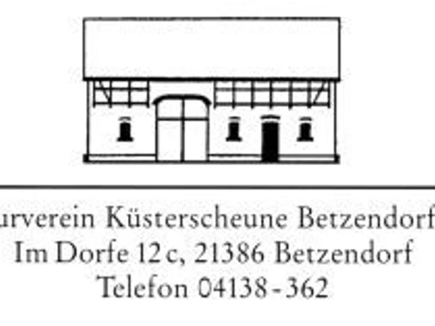 Logo Küsterscheune Logo des Kulturvereins Küsterscheune Betzendorf mit Zeichnung einer Scheune und Kontaktadresse.