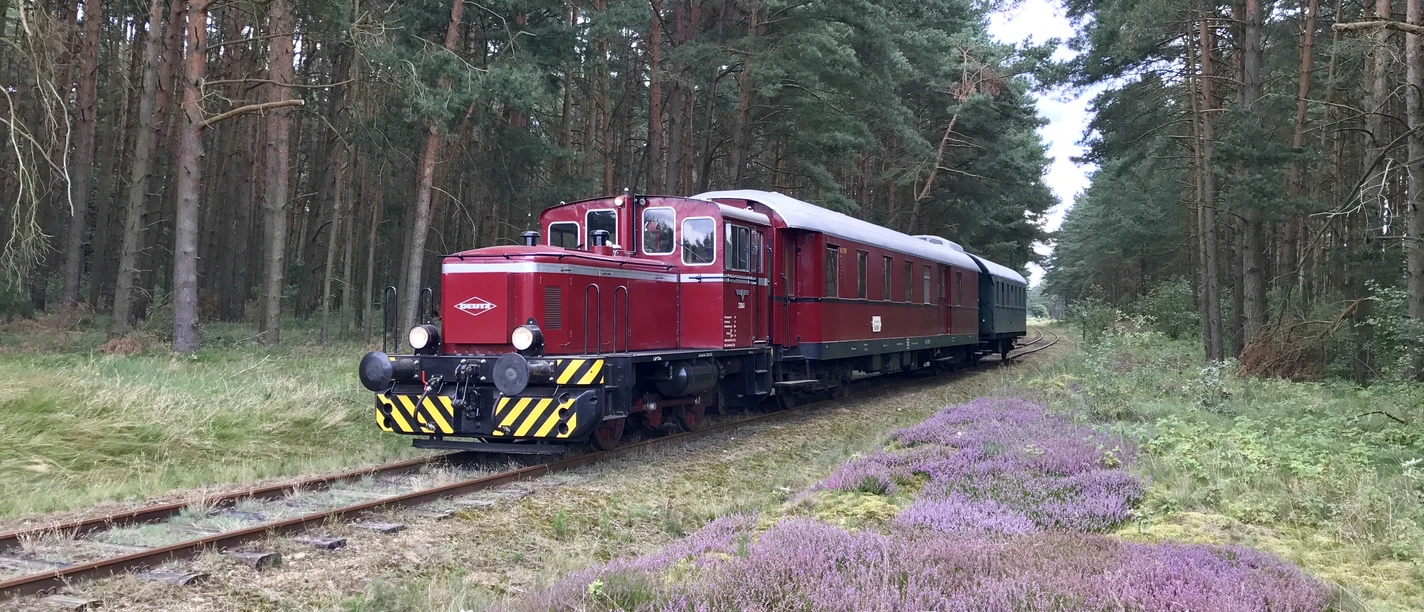 Lok 230 41 mit Wagenzug auf der Bleckeder Kleinbahn Heide-Express Diesellokomotive mit Wagenzug auf der Bleckeder Kleinbahn