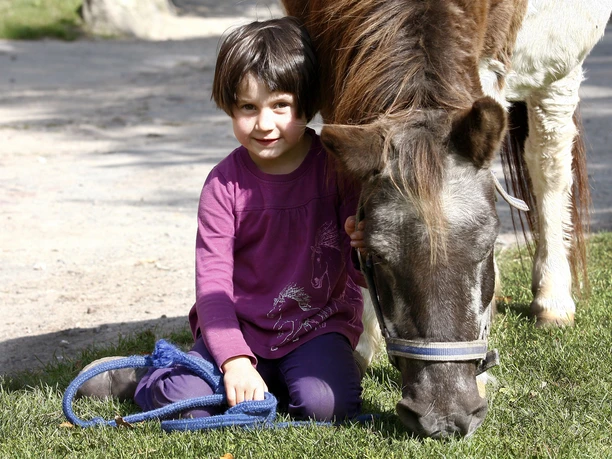 Reiter- und Ferienhof Cohrs Ponyreiten Girl with pony at the Cohrs riding and vacation farm in Bispingen