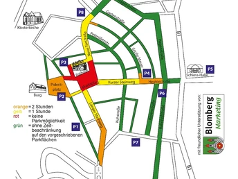 Übersichtsplan der Parkplätze in Blomberg mit farblicher Kennzeichnung und Straßenverlauf.