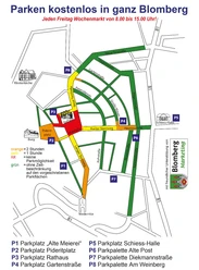 Übersichtsplan der Parkplätze in Blomberg mit farblicher Kennzeichnung und Straßenverlauf.