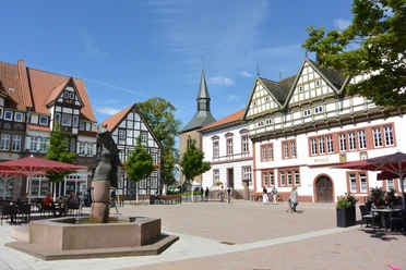 Historisches Rathaus von Blomberg mit Fachwerkfassaden und einem Brunnen im belebten Stadtzentrum.