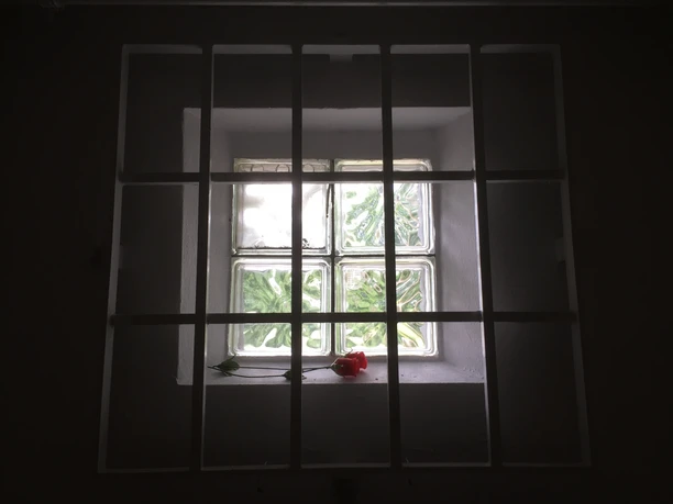 Arrestzelle in der Gedenkstätte Stalag 326 VIK Fenster in einer Arrestzelle mit Außengitter in der Gedenkstätte Stalag 326 VI K, rote Rose liegt.