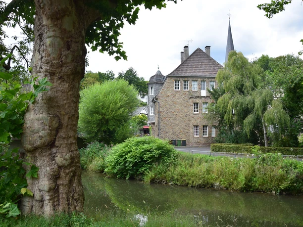 Ensemble Volberg Eine historische Steinmühle an einem kleinen Fluss, umgeben von üppiger Vegetation und Bäumen.
