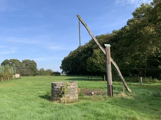 Unterwegs in St. Vit Alter Ziehbrunnen mit langem, hölzernem Hebelarm in einer grünen, baumgesäumten Wiesenlandschaft.