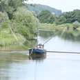 Ein traditioneller Aalschokker auf einem ruhigen Fluss, umgeben von grünen Bäumen und sanften Hügeln.A traditional eel barge on a quiet river, surrounded by green trees and rolling hills.En traditionel ålepram på en stille flod, omgivet af grønne træer og bølgende bakker.Een traditionele palingaak op een rustige rivier, omringd door groene bomen en glooiende heuvels.
