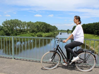 Eine Frau auf einem Fahrrad genießt die Aussicht auf die Weser von einer Brücke aus. Die Umgebung ist grün und friedlich.A woman on a bicycle enjoys the view of the Weser from a bridge. The surroundings are green and peaceful.En kvinde på cykel nyder udsigten over Weser fra en bro. Omgivelserne er grønne og fredfyldte.Een vrouw op een fiets geniet van het uitzicht op de Weser vanaf een brug. De omgeving is groen en vredig.