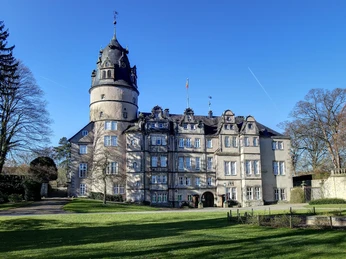 Fürstliches Residenzschloss mit markantem Turm in einer Umgebung aus Rasen und hohen Bäumen.
