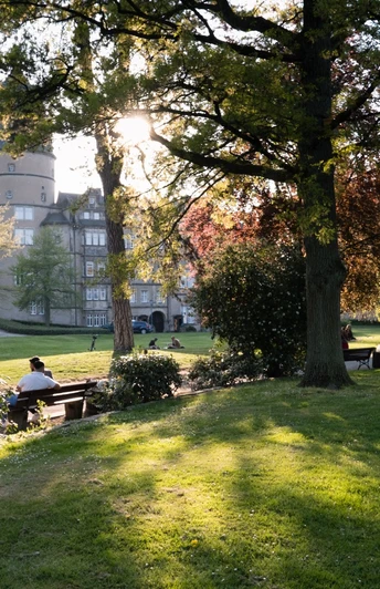 Schlosspark Detmold Sonnenuntergang im Schlosspark Detmold, mit grünen Wiesen, Bäumen und dem historischen Gebäude im Hintergrund.