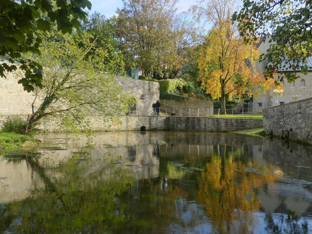 Quellbecken der Dielenpader mit umgebenden Bäumen und Mauer, spiegelndes Wasser, Person auf Brücke.