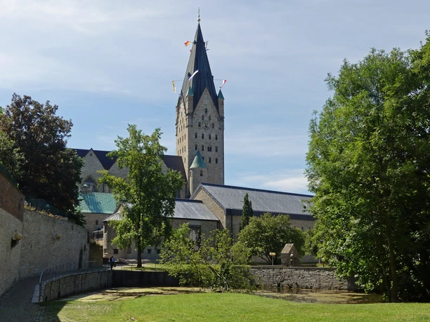 Dielenpader und Dom Der Dom mit dem hohen Turm ragt hinter üppigen Bäumen auf, flankiert von alten Steinmauern.
