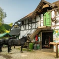 Gammersbacher Mühle Altes Fachwerkhaus mit Pferden im Hof, rustikaler Charme und Naturkulisse.