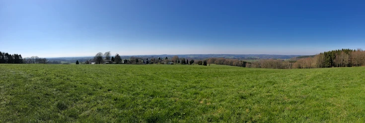 Federath_Panorama Weite grüne Wiese mit sanften Hügeln und klarem blauen Himmel im Hintergrund, idyllische Landschaft.
