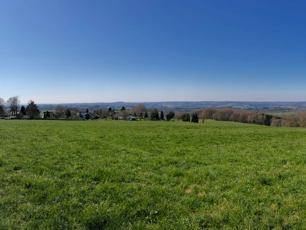 Federath_Panorama Weite grüne Wiese mit sanften Hügeln und klarem blauen Himmel im Hintergrund, idyllische Landschaft.