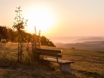 Ausblick ins Tal bei Sonnenaufgang auf dem Köterberg Sonnenaufgang auf dem Köterberg, Bank im Vordergrund, fernes Tal mit sanften Hügeln in Morgenlicht.
