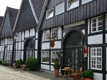 Historische Fachwerkhäuser mit blumengeschmückten Eingängen und Sitzgelegenheiten auf gepflasterter Straße.