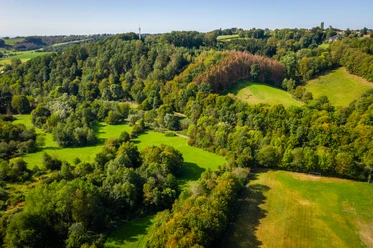 Lohmar-Wahlscheid Luftaufnahme einer grünen, hügeligen Landschaft bei Lohmar, durchzogen von kleinen Waldstücken.