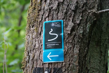 Wegezeichen Zuweg Bergischer Weg Wegweiser am Baum: Schild zeigt Richtung für Wanderer auf dem Bergischen Weg, Zuweg markiert.
