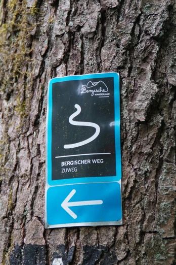Wegezeichen Zuweg Bergischer Weg Wegweiser am Baum: Schild zeigt Richtung für Wanderer auf dem Bergischen Weg, Zuweg markiert.