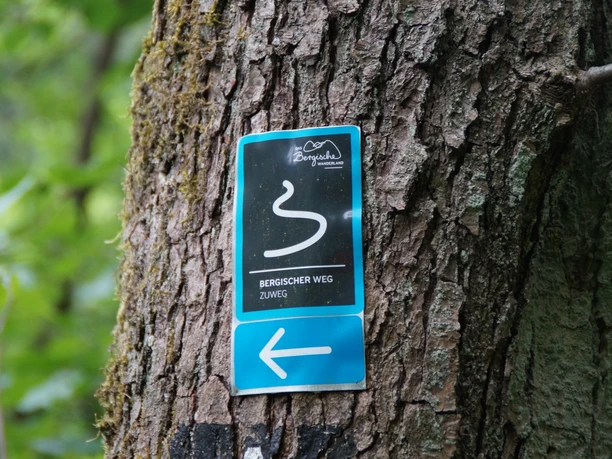 Wegezeichen Zuweg Bergischer Weg Wegweiser am Baum: Schild zeigt Richtung für Wanderer auf dem Bergischen Weg, Zuweg markiert.