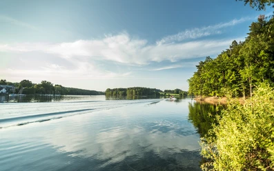 Bevertalsperre Ein ruhiger See an einem sonnigen Tag, umgeben von bewaldeten Ufern und einem strahlend blauen Himmel.