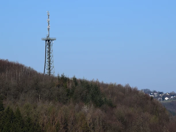 Aussichtsturm Hohe Hardt Ein Sendeturm thront über einem bewaldeten Hügel, vor einem klaren blauen Himmel in Morsbach.