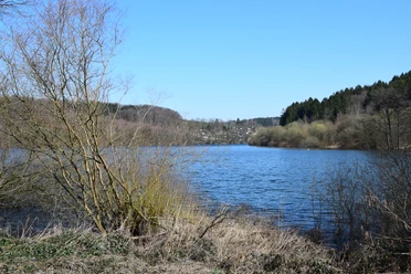 Brucher Talsperre Ein ruhiger See von Bäumen umgeben, mit blauem Himmel im Hintergrund, Marienheide, Deutschland.