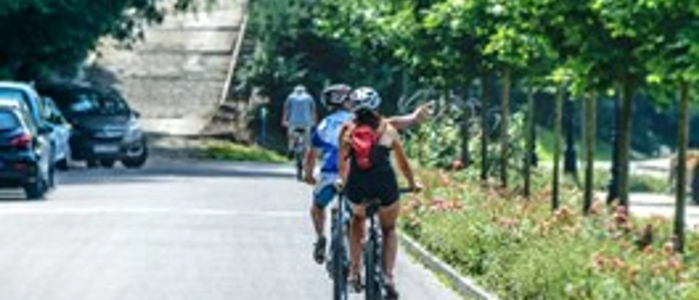 Mountainbiker Zwei Radfahrer mit Helmen fahren eine von Bäumen gesäumte Straße entlang, im Hintergrund Schritte.