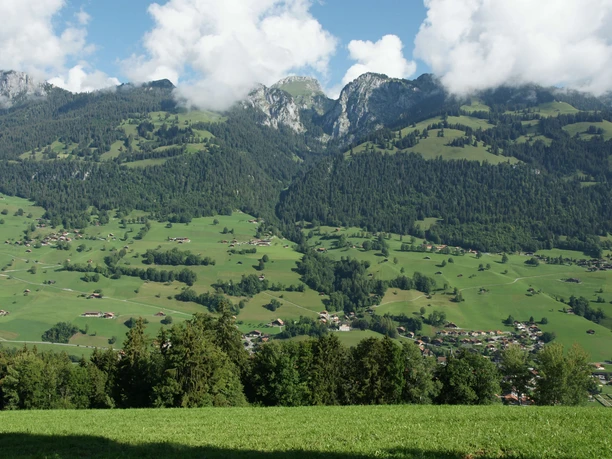 A view from the mountain down into the green Simmental valley