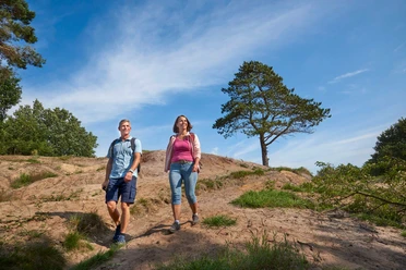 Vom Donner Kleve in die Gudendorfer Heide Zwei Wanderer auf sandigem Hügel im Sonnenschein