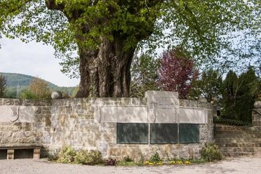 Kriegerdenkmal Kriegerdenkmal mit beeindruckendem Baum in Steinmauer, umgeben von Treppe und blühenden Pflanzen.
